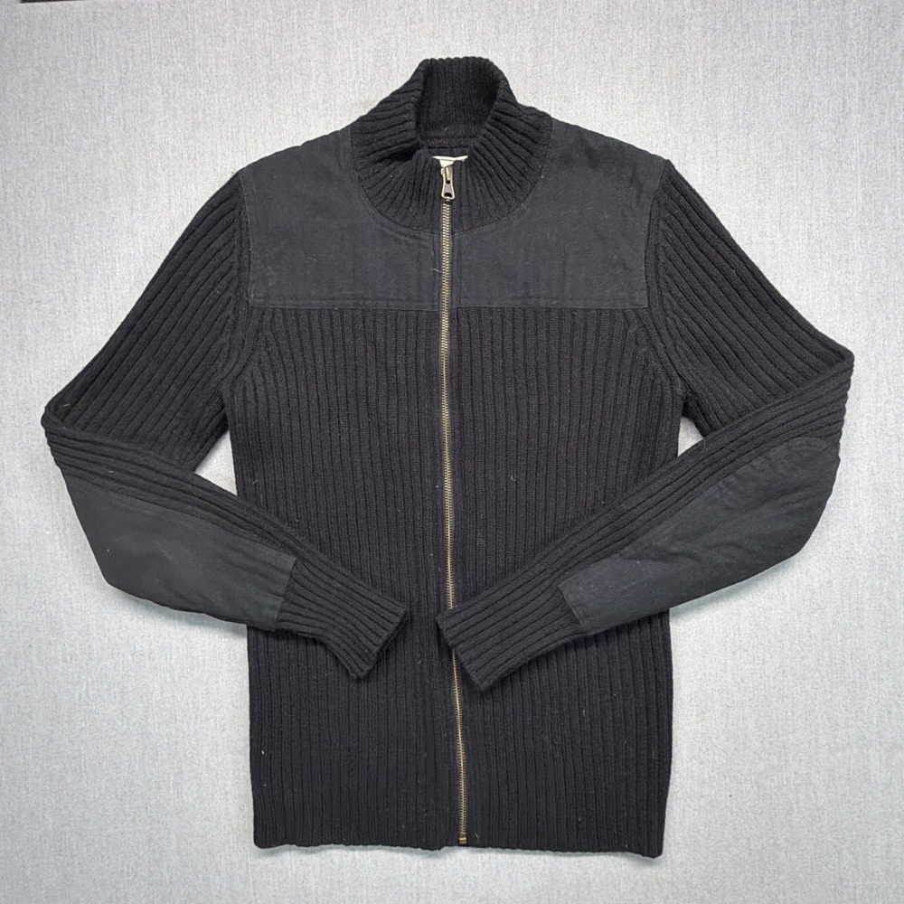 L.L. Bean Women MED Black Ribbed Full Zip Mock Neck Sweater Lamb's Wool Jacket